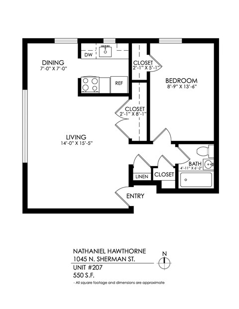 Floor plan for 1 bed, 1 bath, 550 sqft